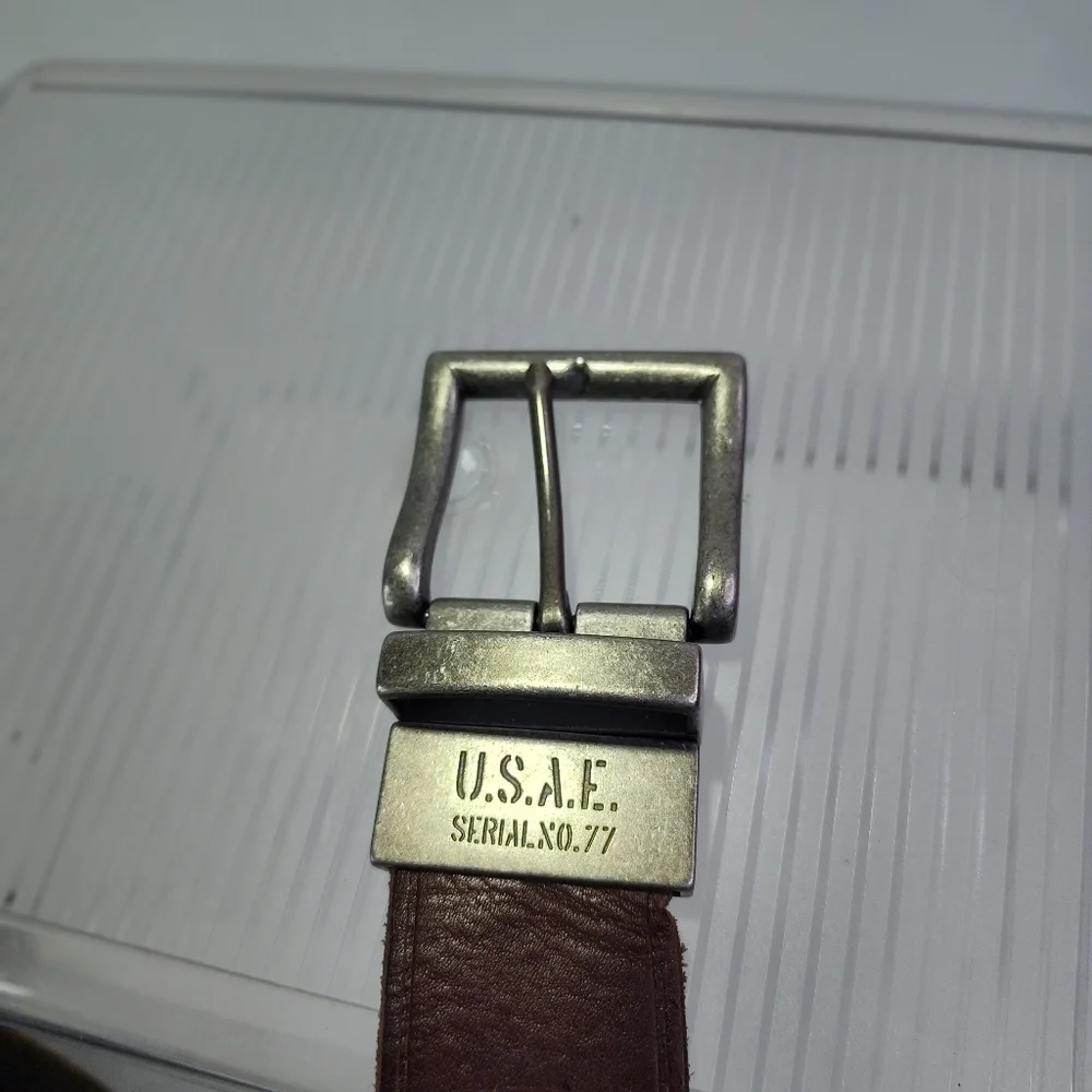 Vintage USAF Air Force Men's Brown Leather Belt Sz 30 - 34 Serial No. 77